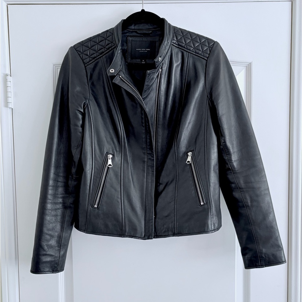 Marc New York Andrew Marc Black Quilted-Shoulder Soft Leather Jacket, Sz medium